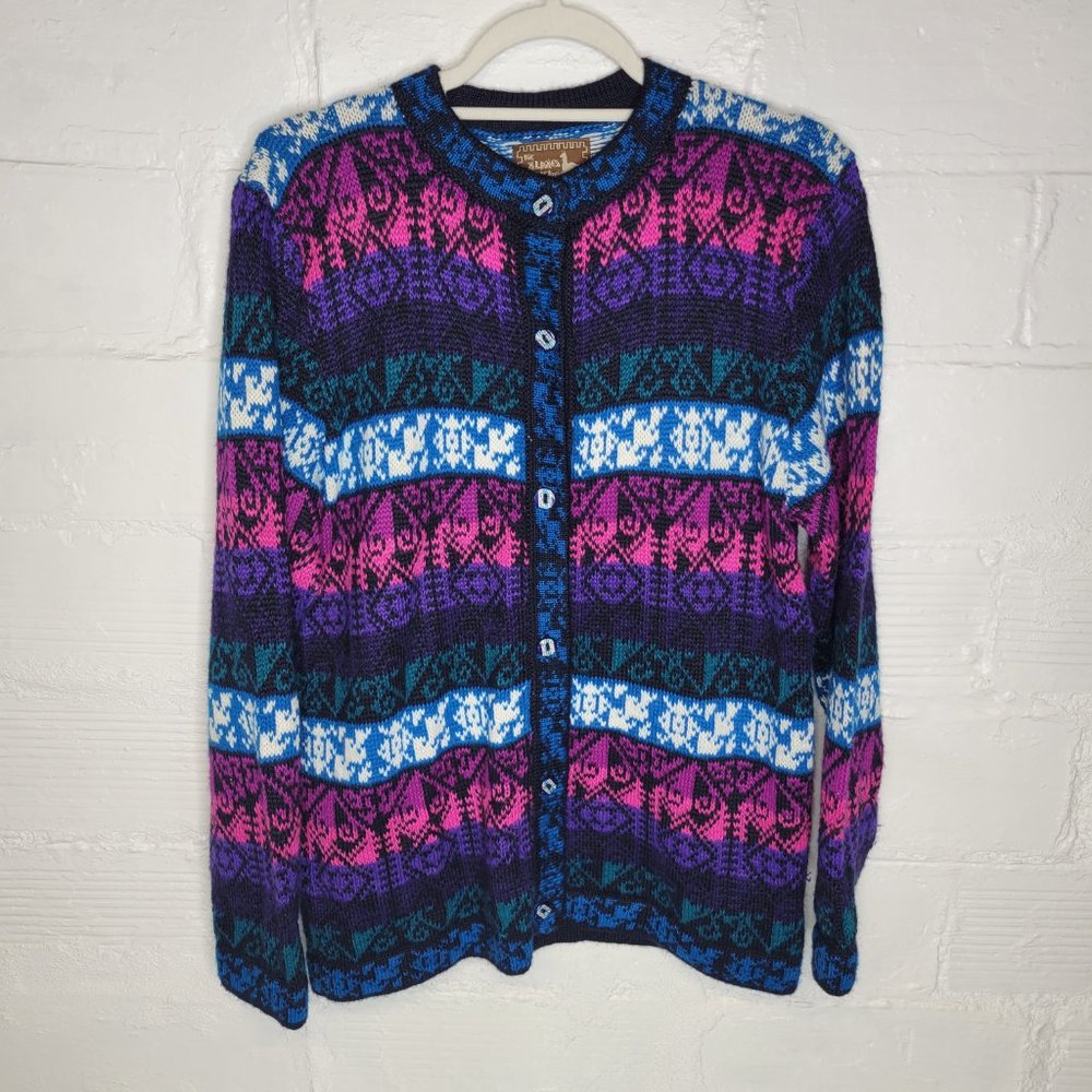 The Alpaca Connection Women's Medium Cardigan Sweater Blue Pink Purple Fair Isle